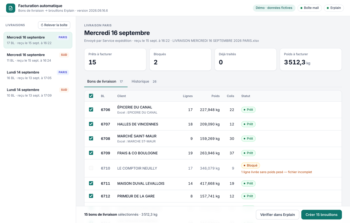Interface de l'agent : la liste des bons de livraison d'une journée, avec pour chacun le client, le nombre de lignes, le poids et un statut. Un bon est marqué « Bloqué » avec le motif : une ligne livrée sans poids pesé.